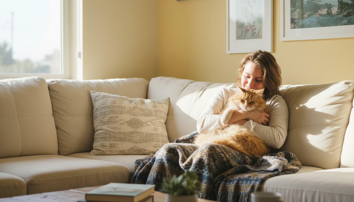 A person cuddling with their pet cat on a couch; crop so that the person and cat are larger and easier to see