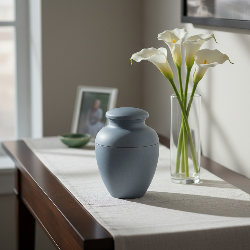A small, matte blue, ceramic urn sits on a table with a vase of white calla lilies and other small decorations. A dark-bro...