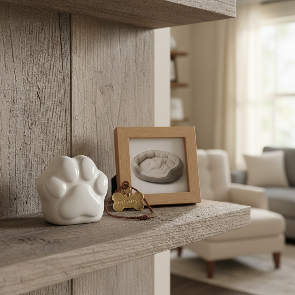 A wooden shelf displays a white ceramic dog-shaped container, a framed picture of a hardened infant palm cast, and a gold ...